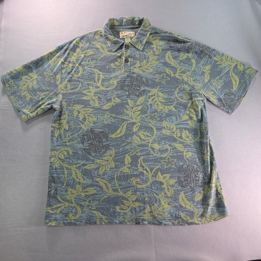 Crazy Shirts Hawaiian Polo Mens XL Blue Green Floral Turtle Print Cotton Pique